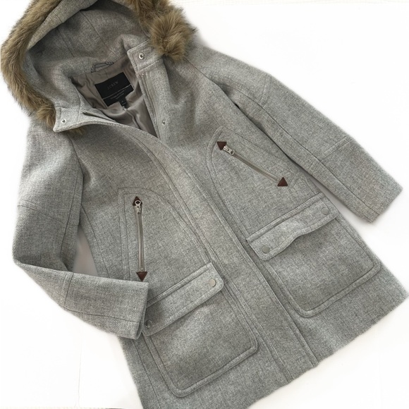 J.Crew Stadium Cloth Chateau Wool Gray Parka Coat Womens 0 Petite Gray - Picture 2 of 8